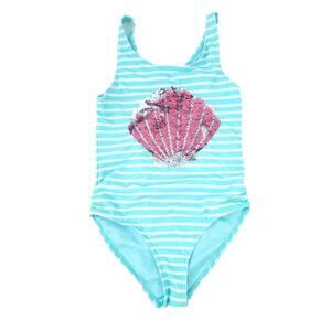Sweet Pineapple Girls Bathing Suit Size 7 Blue, Sequin Shell Bodice, Stripes